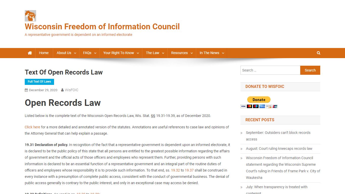 Text of open records law – Wisconsin Freedom of Information Council
